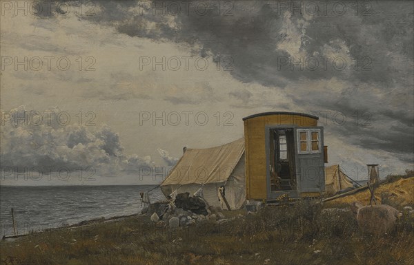 View of a Shore with the Artist's Wagon and Tent at Enö, 1913. Creator: Laurits Andersen Ring.