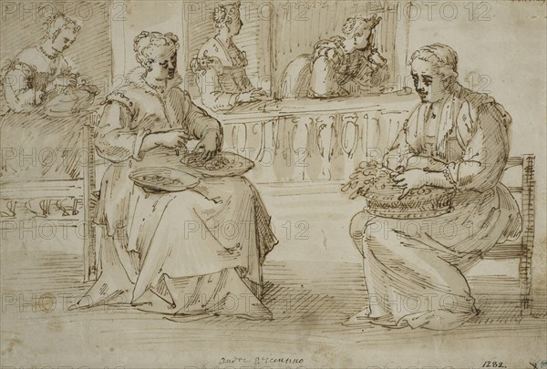 Two women with bowls in their laps sit on a terrace. Creator: Pietro Liberi.