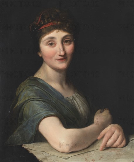 Portrait of female artist with drawing, c.1800. Creator: Anon.