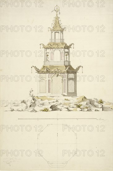 Aviary at Kina Castle, Drottningholm - Facade and plan, c1758. Creator: Carl Fredrik Adelcrantz.