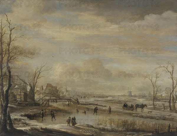 Winter landscape with a woodend bridge near some houses, between c1650 and c1660. Creator: Aert van der Neer.