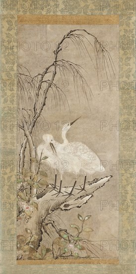 Winter Landscape of Two Herons, Willow, and Tea Plants Blossoms, c1550. Creator: Anon.