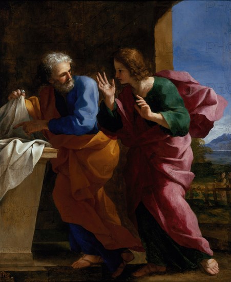 St. John and St. Peter at Christ's Tomb, c1640. Creator: Giovanni Francesco Romanelli.