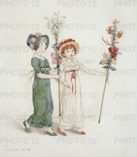 Two Children with Staffs, 1884. Creator: Catherine Greenaway.