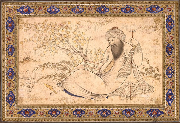 Bearded Man Reading in a Landscape, Dated AH 1045/ AD 1635. Creator: Mu'in Musavvir.