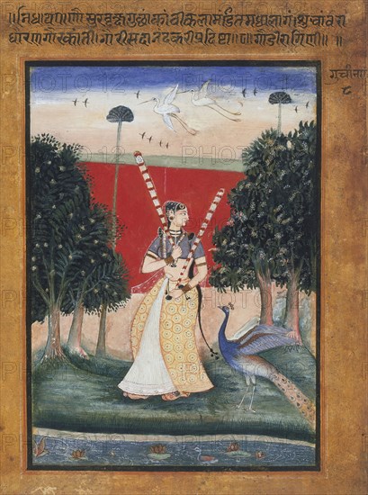 Gauri Ragini, First Wife of Malkos Raga, Folio from a Ragamala (Garland of Melodies), 1605-1606. Creator: Unknown.