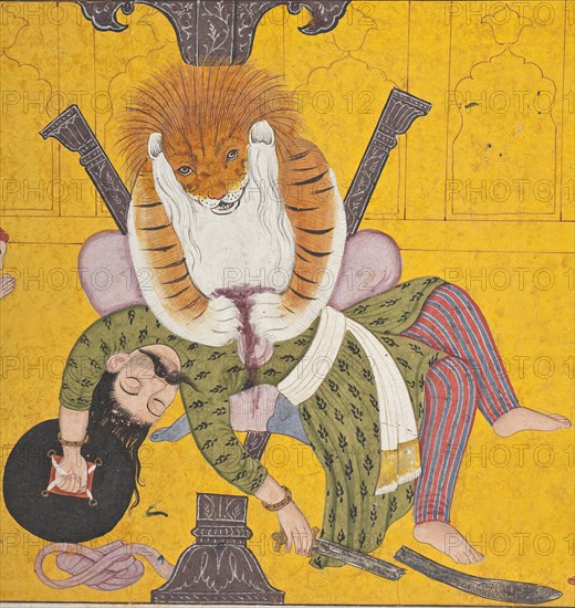 Narasimha Disemboweling Hiranyakashipu, Folio from a Bhagavata Purana, between c1760 and c1770. Creator: Unknown.