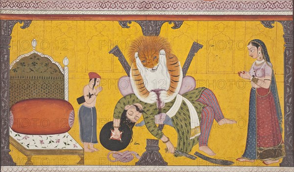 Narasimha Disemboweling Hiranyakashipu, Folio from a Bhagavata Purana, between c1760 and c1770. Creator: Unknown.