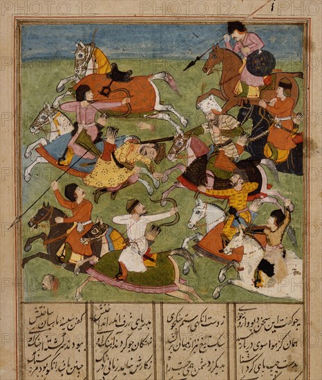 Battle Scene and Text (recto), Text (verso), Folio from a Shahnama (Book of..., early 17th century. Creator: Unknown.