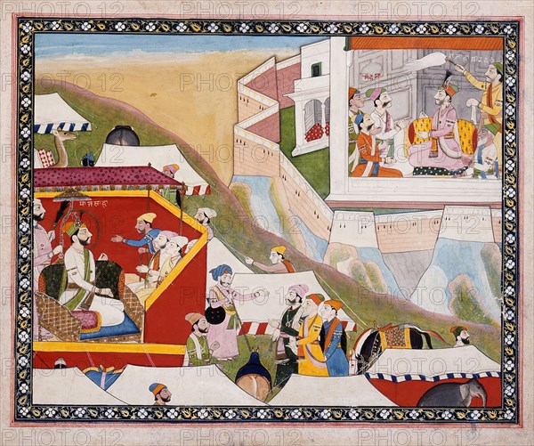 Hamir Receives Mehma, Folio from a Hamir Hath, c1840. Creator: Unknown.