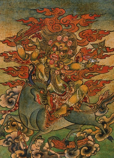 Yellow Yama (?) and Consort on Bull, Nyingmapa Buddhist or Bon Ritual Card, 18th-19th century. Creator: Unknown.