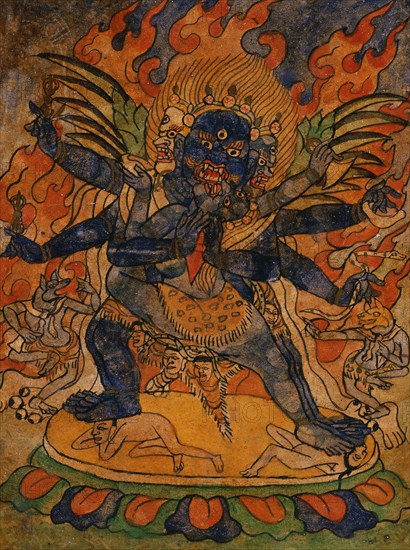 Vajrakumara (?) and Consort, Nyingmapa Buddhist or Bon Ritual Card, 18th-19th century. Creator: Unknown.