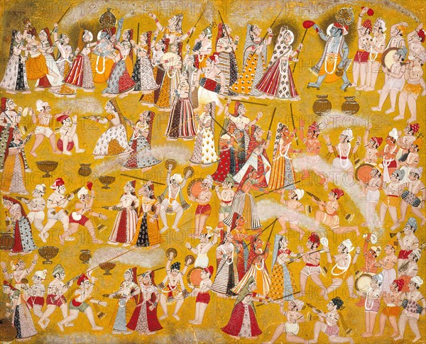 Krishna and Radha Celebrating the Holi Festival with Companions, c1750. Creator: Unknown.