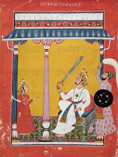 Hiranyakasipu About to Decapitate Prahlada, Folio from a Bhagavata Purana..., c1725. Creator: Unknown.