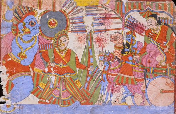 Vrishaketu and Bhima Fighting Yavanatha, Scene from the Story of Babhruvahana..., c1850. Creator: Unknown.