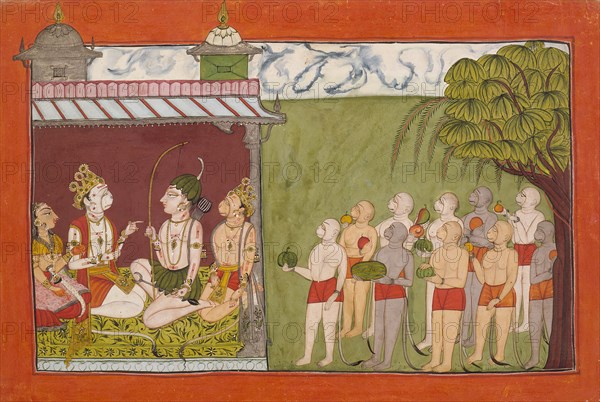 Lakshmana Meets with Tara, Sugriva, and Hanuman in the Palace of Kishkandha..., c1700. Creator: Unknown.