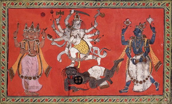 Shiva Performing the Dance of Bliss while Vishnu and Brahma Provide Musical Accompaniment, c1760. Creator: Unknown.