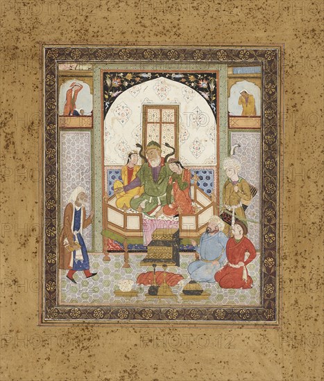 Zahhak Enthroned with the Two Daughters of Jamshid, Page from a Manuscript of the Shahnama..., c1615 Creator: Unknown.