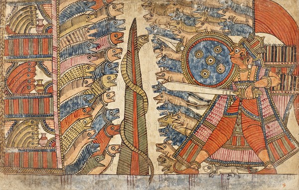 Babhruvahana and the Mongoose Fight the Serpents (verso).., c1850. Creator: Unknown.
