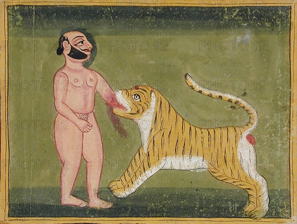 Man Bitten on Arm by Tiger (verso), 19th century. Creator: Unknown.