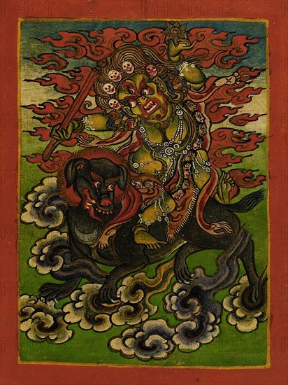 Dakini on a Gray Dog, Nyingmapa Buddhist or Bon Ritual Card, 18th-19th century. Creator: Unknown.
