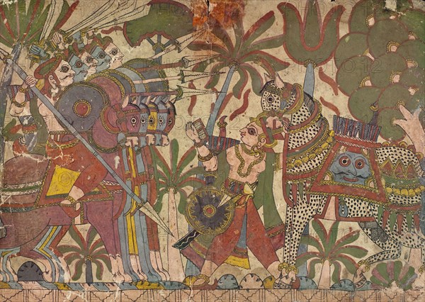 Babhruvahana Faces Arjuna's Army with Syamakarna..., c1850. Creator: Unknown.