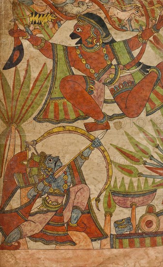 Bharata Shoots at Hanuman as He Flies Over with the Medicinal Herbs (recto)..., c1850. Creator: Unknown.