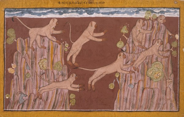 Monkeys Jump from Crag to Crag, Folio from the 'Shangri' Ramayana..., between c1700 and c1710. Creator: Unknown.
