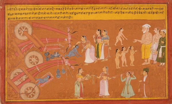 Krishna Breaks the Cart, Folio from a Bhagavata Purana (Ancient Stories of the Lord), c1725. Creator: Unknown.
