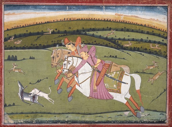 Baz Bahadur and Rupmati Hunting (recto), Sketches (verso), c1770. Creator: Unknown.
