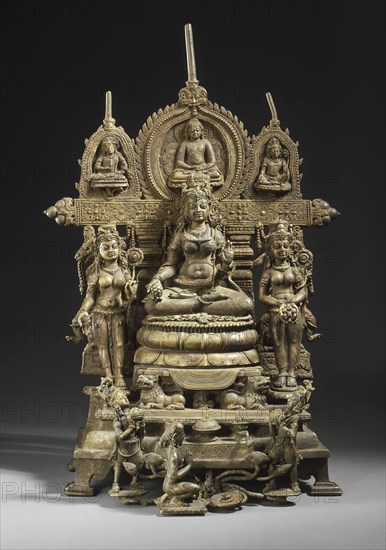 The Buddhist Goddess Shyama Tara (Green Tara) Attended by Sita Tara (White Tara)..., c.8th century. Creator: Kumaradeva.