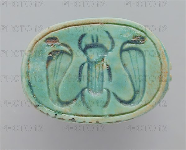 Faience Scarab Depicting a Beetle Flanked by Cobras, 18th-26th dynasties (1569-525 BCE) or modern. Creator: Unknown.