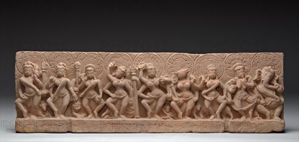 The Seven Mother Goddesses (Matrikas) Flanked by Shiva-Virabhadra and Ganesha..., 9th century. Creator: Unknown.