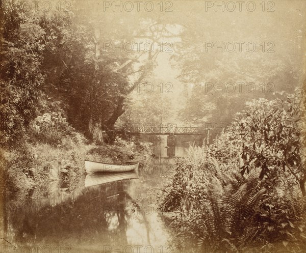 Boat, Bridge & River, Printed c.1855. Creator: John Dillwyn Llewelyn.