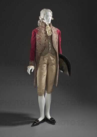 Man’s court ensemble of red wool coat and cloth-of-silver vest, Italy, c.1800-1810.  Creator: Unknown.