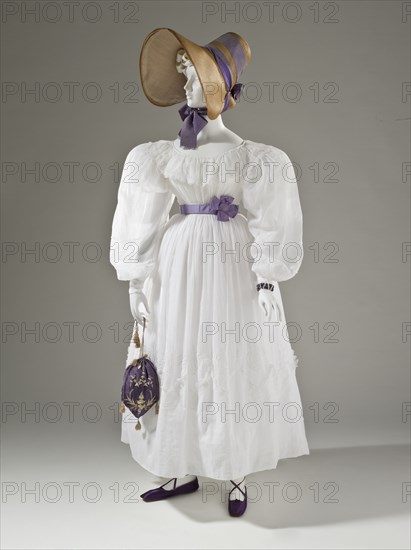 Woman's dress, Europe, white cotton plain weave (muslin) with cutwork and cotton embroidery, c.1830. Creator: Unknown.