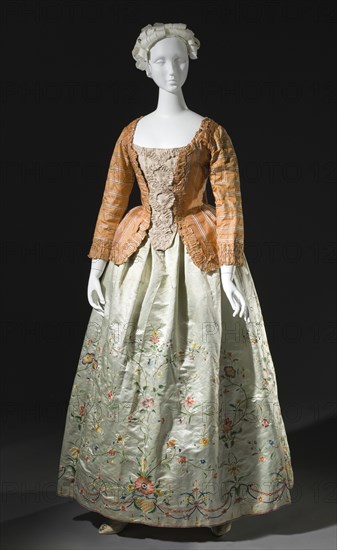 Woman's striped silk sack-back jacket (caraco), Europe, c.1760, altered c.1780. Petticoat: c.1785. Creator: Unknown.