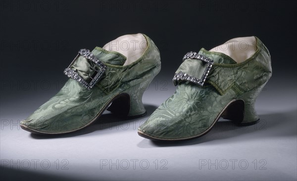 Pair of woman's silk damask shoes with buckles, between 1740 and 1750. Creator: Unknown.