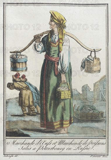 Costumes de Différents Pays, 'Marchande d'Auss et Marchands de Poissons Salés a Peters..., c1797. Creators: Jacques Grasset de Saint-Sauveur, LF Labrousse.