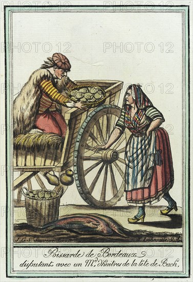 Costumes de Différent Pays, 'Poissarde de Bordeaux disputant avec un Md. l'huitres de la..., c1797. Creators: Jacques Grasset de Saint-Sauveur, LF Labrousse.