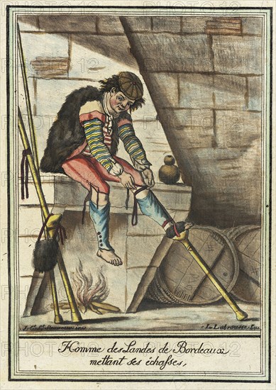 Costumes de Différent Pays, 'Homme des Landes de Bordeaux Mettant ses Échasses', c1797. Creators: Jacques Grasset de Saint-Sauveur, LF Labrousse.