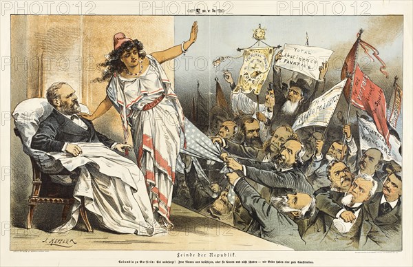 Feinde der Republik..... Cartoon from Puck, between 1880 and 1889. Creators: Joseph Keppler, Bernhard Gillam.