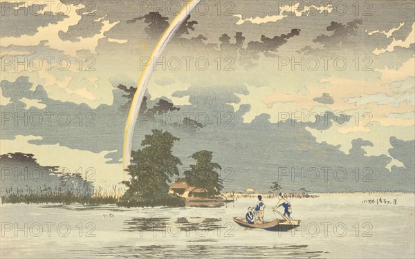 View at dusk, Hashiba Ferry, Tokyo, c1880. Creator: Kobayashi Kiyochika.