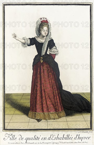 Recueil des modes de la cour de France, 'Fille de Qualité en d'Eshabillée d'Hyver', 1685. Creator: Nicolas Arnoult.