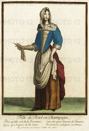 Recueil des modes de la cour de France, 'Fille de Retel en Champagne', between c1678 and c1693. Creator: Nicolas Bonnart.