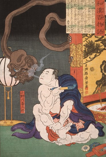 The Wrestler Onogawa Kisaburo Blowing Smoke at a One-Eyed Monster, 1865. Creator: Tsukioka Yoshitoshi.