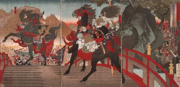 Zhang Fei on the Long Sloped Bridge Turning Away One Million Wei Troops with a Powerful Stare, c1883 Creator: Tsukioka Yoshitoshi.