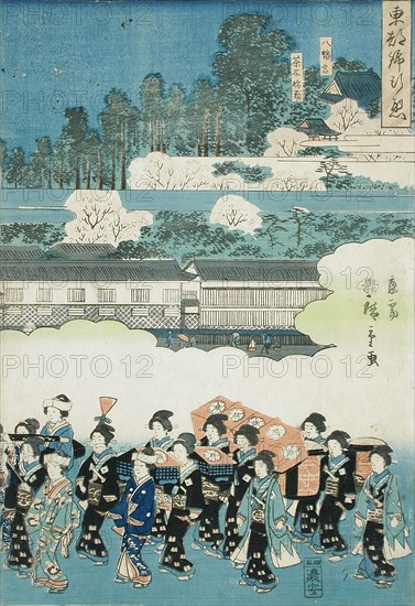 The Daimyo's Ladies Procession at Eastern Capitol: Hachimangu Shrine and Chaki-Inari Shrine, 1845. Creator: Ando Hiroshige.