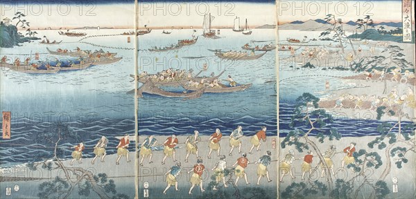 Great Scene of Fishing in the Bay, Mid-19th century. Creator: Ando Hiroshige.