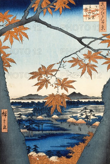 Maple Trees at Mama, Tekona Shrine and Linked Bridge, 1857. Creator: Ando Hiroshige.
